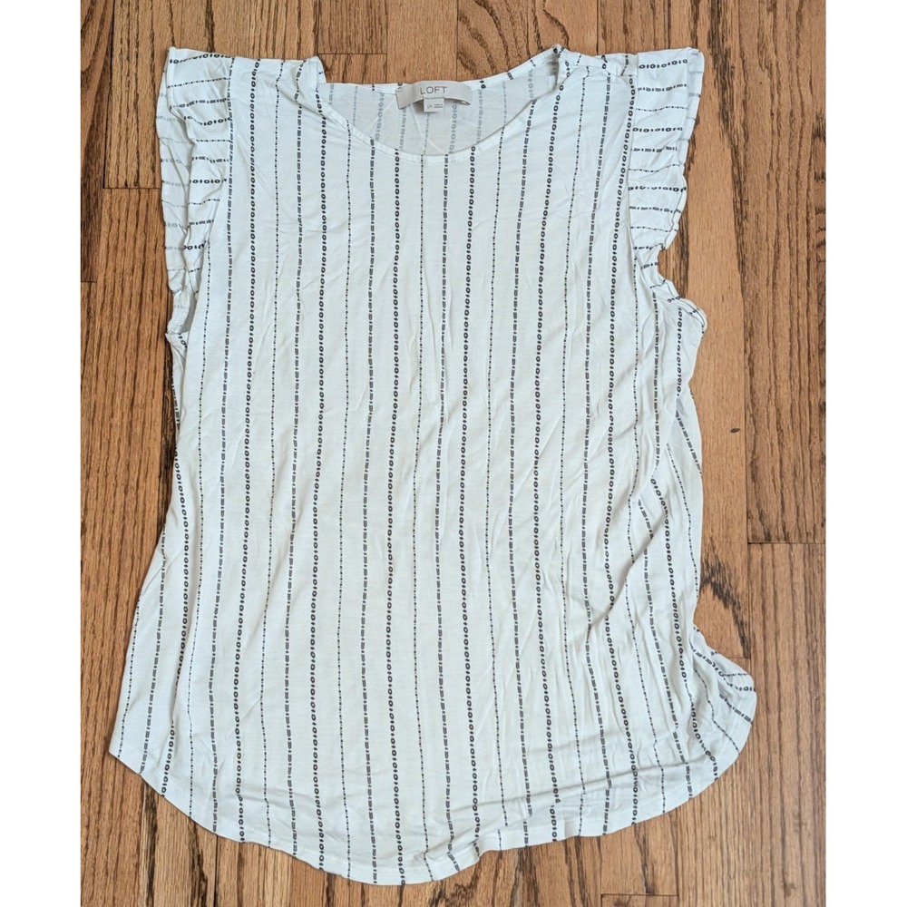 Loft Maternity White Striped Cap Sleeve Tee Shirt Ruffle Sleeve Round Hem Size L